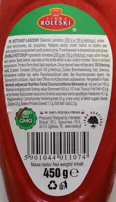 Lista de ingredientes del producto Ketchup łagodny markowy Roleski 450 g