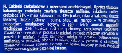 Lista de ingredientes del producto Cukierki czekoladowe z orzechami arachidowymi Śnieżka 250 g