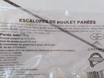 Lista de ingredientes del producto Escalope de poulet panée  