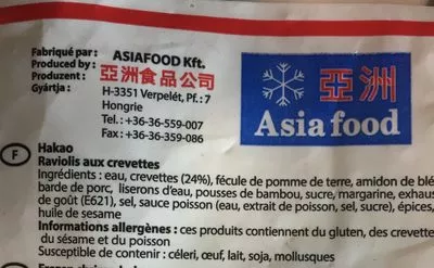 List of product ingredients Raviolis aux Crevettes Asia Food 1,5 kg