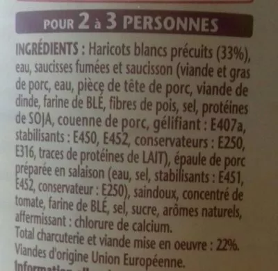Lista de ingredientes del producto Cassoulet mitonné  