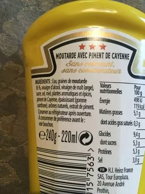Liste des ingrédients du produit Heinz yellow mustard spicy Heinz 