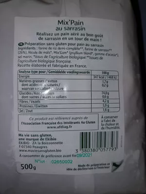 Liste des ingrédients du produit Mix’pain EKIBIO 500g
