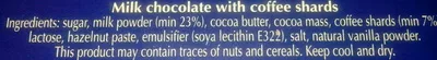 List of product ingredients Chocolat au lait avec éclats au café Maestro 100 g