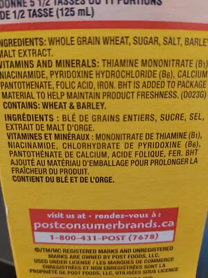 Lista de ingredientes del producto Shreddies (Original) Post 55g