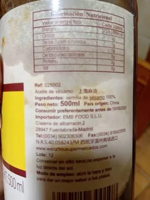 Lista de ingredientes del producto Pure sesame oil Aiyiduo 500 ml