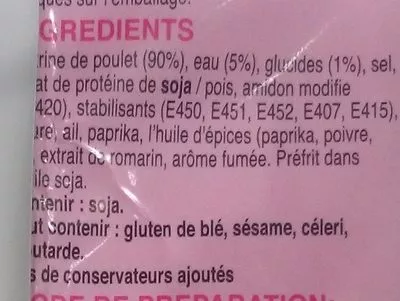Lista de ingredientes del producto Escalopes de Poulet Barbecue Of Tov, sans conservateurs ajoutés 350 g