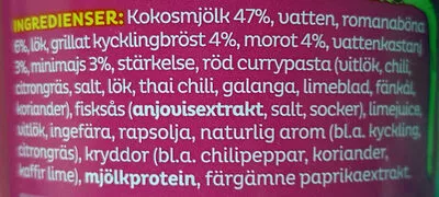 Liste des ingrédients du produit Mustig Soppa - Thai Röd Curry Felix, Orkla 475 g