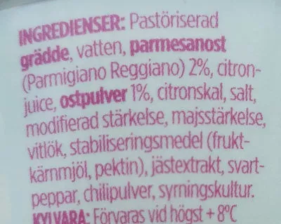 List of product ingredients lätt crème fraîche parmesan & vitlök Arla köket 2 dl