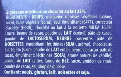 Lista de ingredientes del producto Coeurs Coulants Milka 200 g