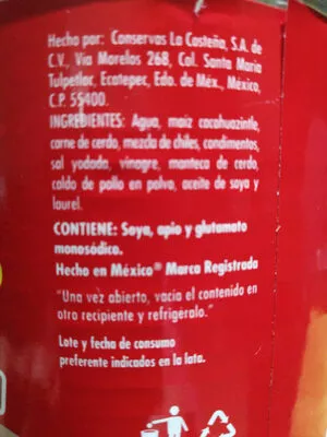 Liste des ingrédients du produit Pozole Rojo La Costeña 810 g