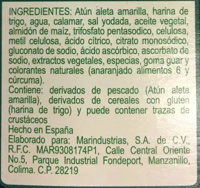 Liste des ingrédients du produit Dedos de atun Tuny 300 g.