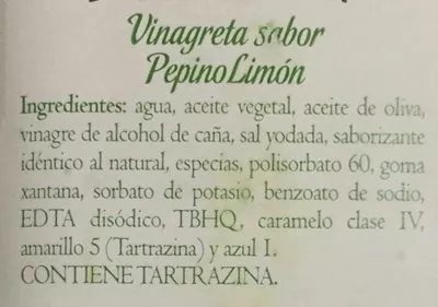 Lista de ingredientes del producto VINAGRETA PEPINO LIMON CLEMENTE JACQUES 255 ml