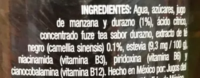 Lista de ingredientes del producto Fuzetea Té negro sabor Durazno Coca Cola,  Fuzetea 423 ml