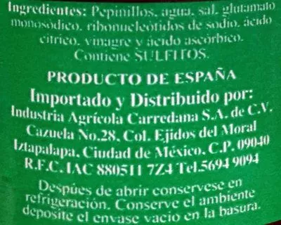 Lista de ingredientes del producto Pepinillos en Vinagre Fruterry 300 g