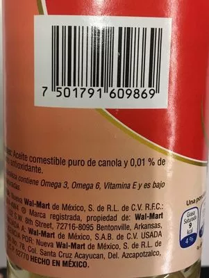 Liste des ingrédients du produit Aceite de canola Great Value Great Value 946 ml