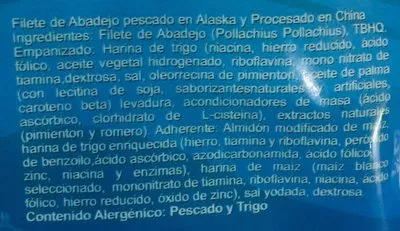 Liste des ingrédients du produit Filete de Abadejo empanizado, Premium sea food Bonisimo del mar, Premium sea food Bonisimo del mar 454 g