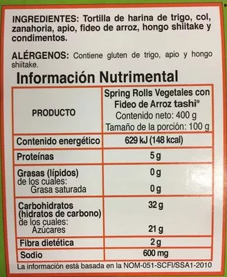 List of product ingredients Rollos primavera rellenos de vegetales con fideo de Arroz, Tashi Spring Roles Tashi 400 g