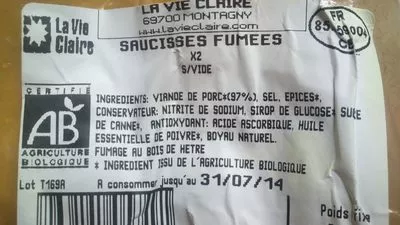 Liste des ingrédients du produit Saucisses fumées La vie claire 200 g