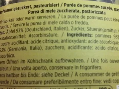 Lista de ingredientes del producto Apfelmus Gezuckert Pasteurisiert Denner 