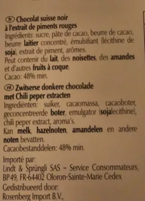 List of product ingredients Excellence Noir à la Pointe de Piment Rouge Lindt 100 g