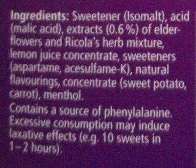 Lista de ingredientes del producto Delicous Elderflower Ricola 45 g