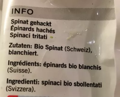 Liste des ingrédients du produit Epinards hachés COOP,  Coop Naturaplan 0.5 g