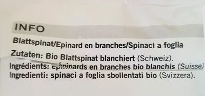 Lista de ingredientes del producto Épinards en branches Coop Naturalplan 500g