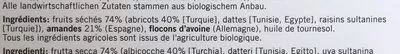 Liste des ingrédients du produit Barre fruitées abricot-amande bio Coop 3 x 40g