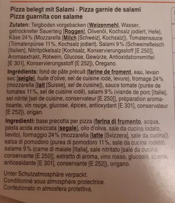 List of product ingredients Pizza Salame nostrano Coop, Betty Bossi 410g