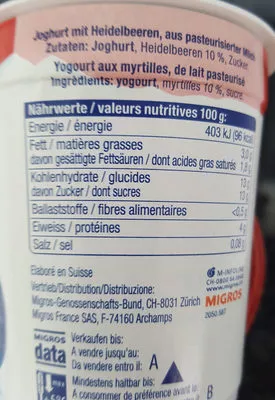 Liste des ingrédients du produit Jogurt Pur Myrtille Migros 150 g