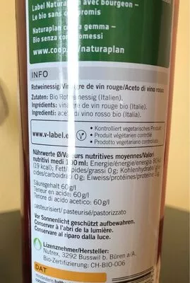 Lista de ingredientes del producto Vinaigre de vin rouge Coop Naturaplan 500 ml