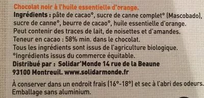 Lista de ingredientes del producto Chocolat Noir Goût Orange Artisans du Monde 100 g