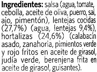 List of product ingredients Lentejas con verduras Litoral 430 g