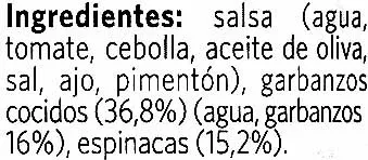 Lista de ingredientes del producto Vegetal garbanzos con espinacas Litoral 425 g