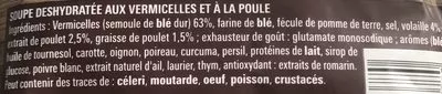 Lista de ingredientes del producto Soupe poule vermicelles petits légumes déshydratée 0,065g, 1 litre Maggi 65 g