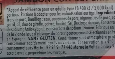 List of product ingredients Le Bon Paris Fumé Herta, Le Bon Paris 140 g e (4 tranches)