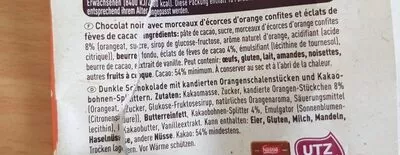 Lista de ingredientes del producto Chocolat noir orange confite et éclats de fèves de cacao Cailler, Les recettes de l'Atelier 