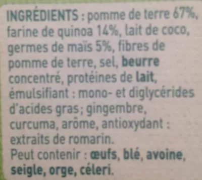 Liste des ingrédients du produit MOUSLINE Purée quinoa et pommes de terre - 2 sachets de 3/4 personnes Nestlé,  Maggi 2 x 100 g (200 g)