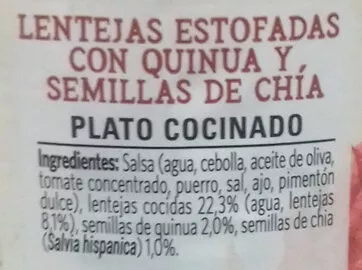 Lista de ingredientes del producto Vegetal lentejas con quinoa & chía Litoral 415 g