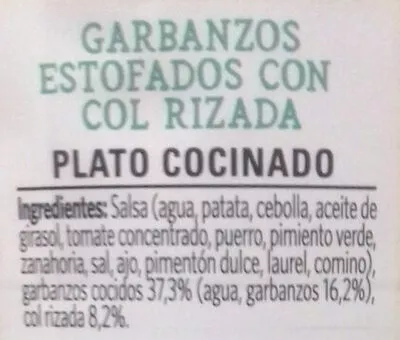 List of product ingredients Vegetal garbanzos & kale Litoral 425 g