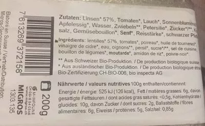 List of product ingredients Salade de lentilles Migros bio, Migros 200 g