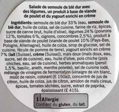 Liste des ingrédients du produit Taboulé - Poulet Joghurt Betty Bossi (COOP) 250 g