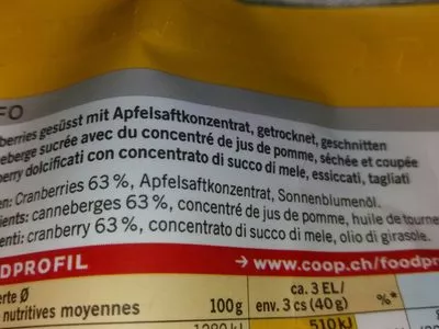 Liste des ingrédients du produit Cranberries coop 200 g
