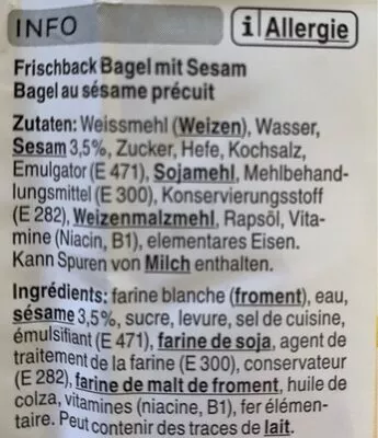Liste des ingrédients du produit Bagel au sésame précuit Coop 4 x 85 g