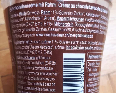 Lista de ingredientes del producto Coupe chantilly chocolat Coop 125 g