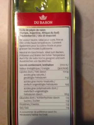 Liste des ingrédients du produit Huile De Pépins De Raisin Dubaron 50 cl, 1 Bouteille Dubaron 50 cl