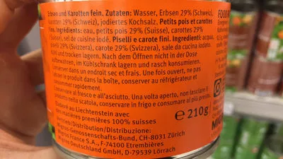 Liste des ingrédients du produit Petits pois et carottes M Classic,  Migros 215 g