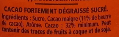 Liste des ingrédients du produit Cacao fortement dégraissé sucré Poulain, Kraft Foods 1 kg