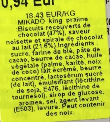 Liste des ingrédients du produit Mikado biscuit sticks praline Glico, Ezaki Glico, Pocky 51 g